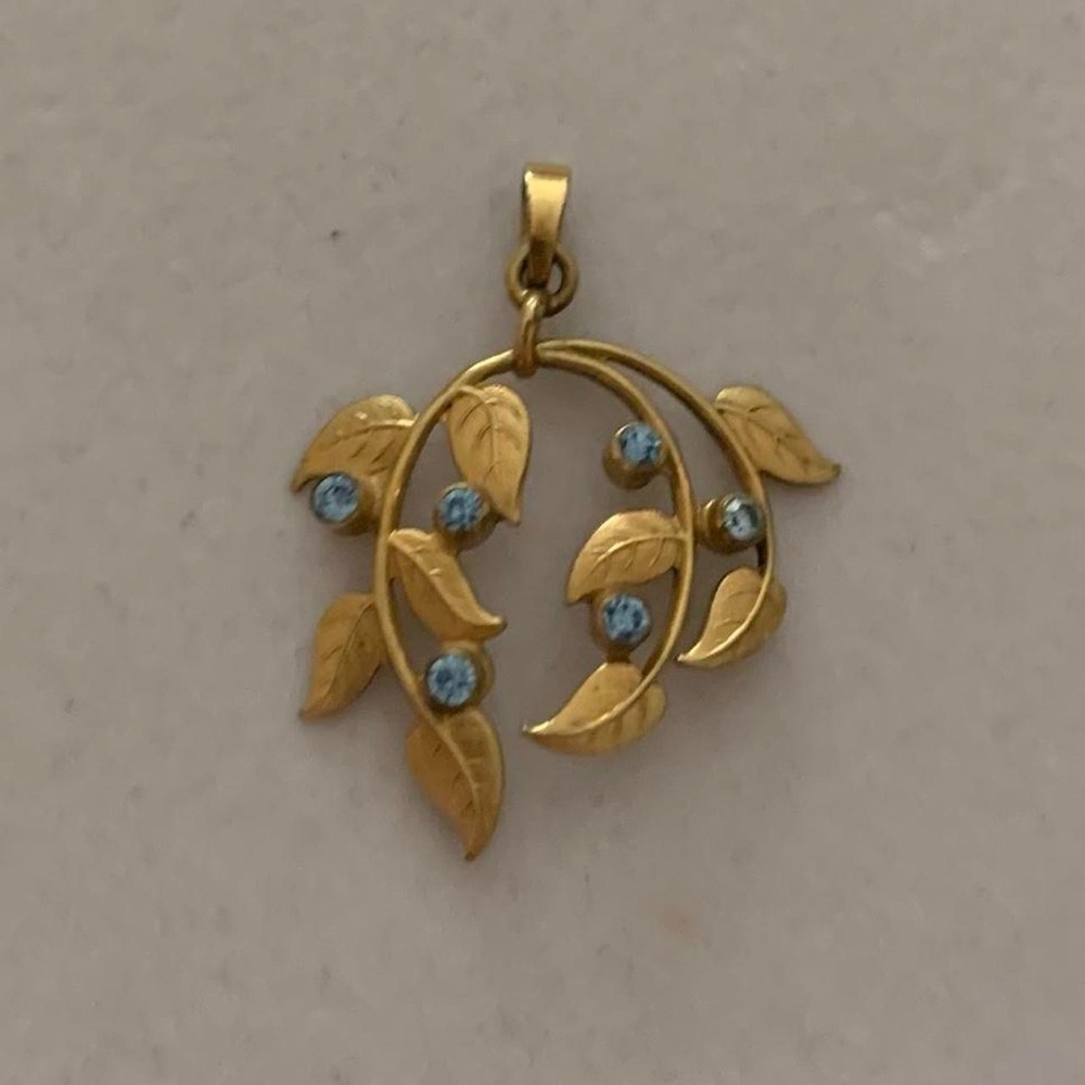Vintage A*D Gold Filled Rolled Gold Leaves with Blue Bezel Set Gems Pendant